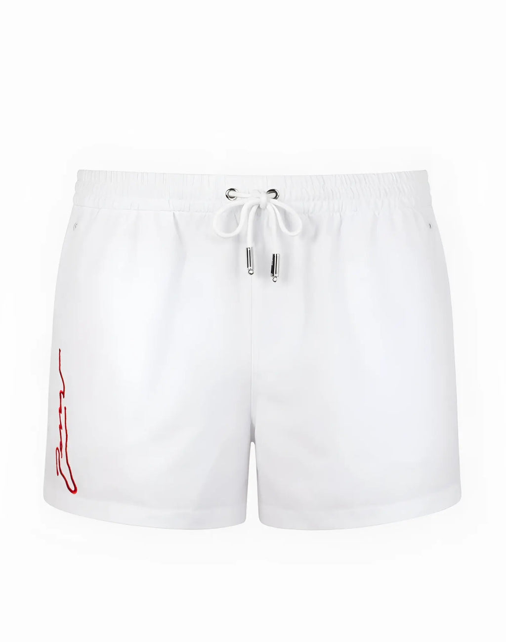 White 2EROS signature Byron swim shorts with red embroidered logo and silver-toned drawstring ties in Lido White