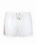 White 2EROS signature Byron swim shorts with red embroidered logo and silver-toned drawstring ties in Lido White