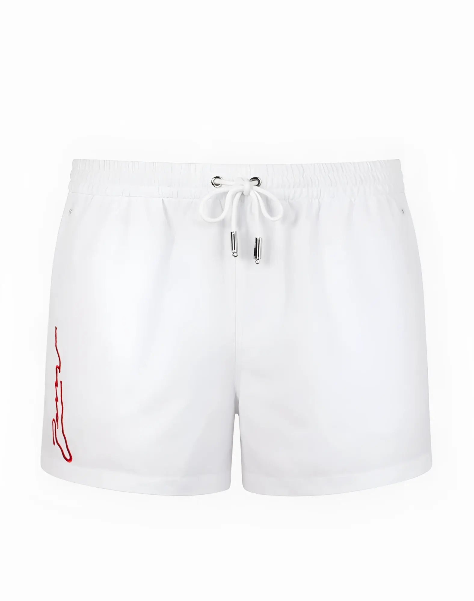 White 2EROS signature Byron swim shorts with red embroidered logo and silver-toned drawstring ties in Lido White