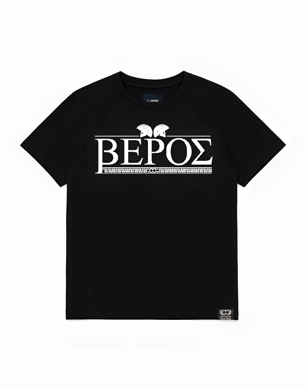 Black 2eros t20 olympus t-shirt with bold white greek word veros graphic, helmets, and geometric pattern on front