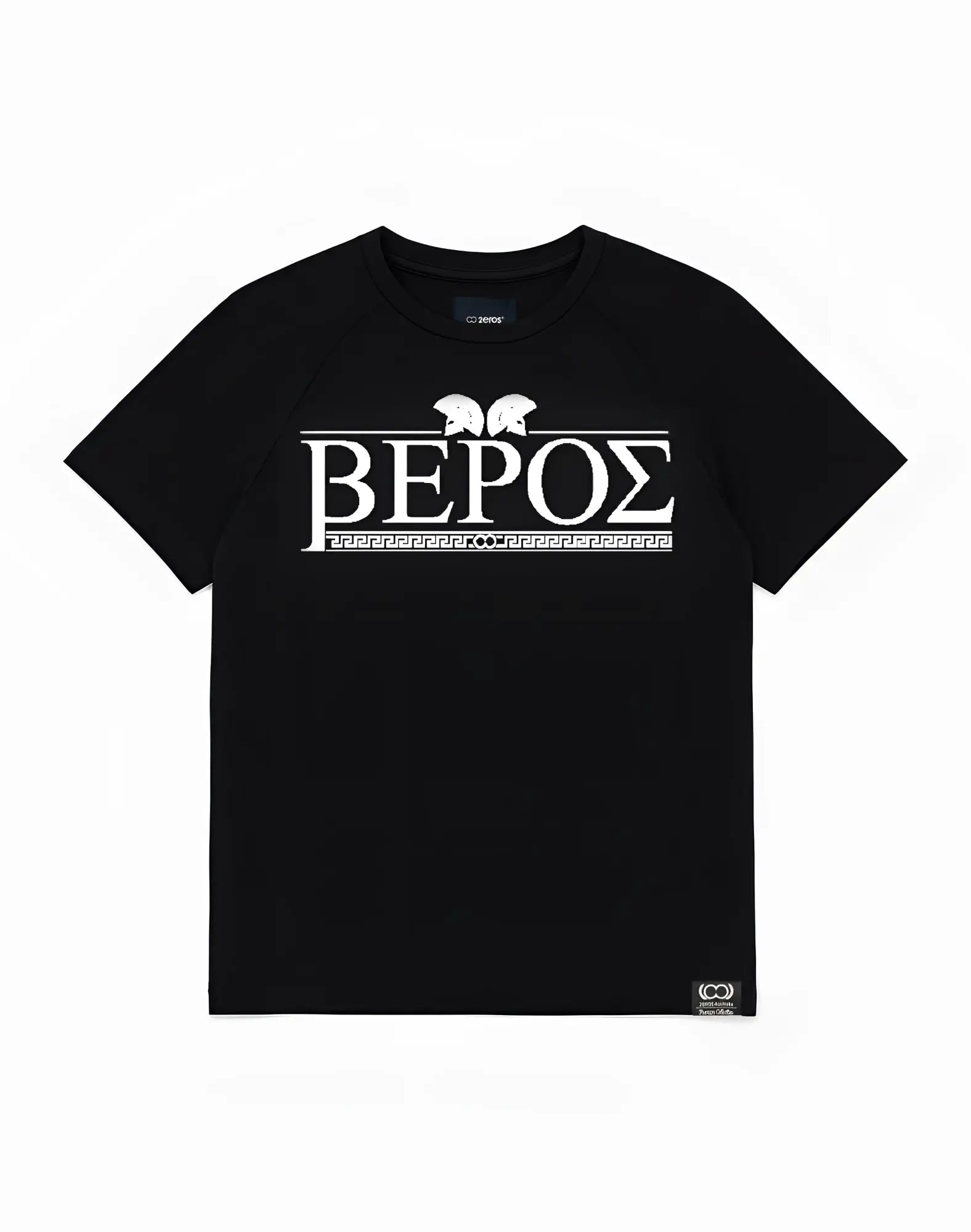 Black 2eros t20 olympus t-shirt with bold white greek word veros graphic, helmets, and geometric pattern on front