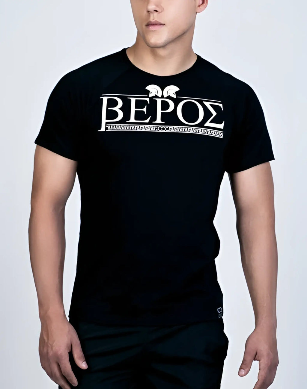 Black 2EROS T20 Olympus short-sleeved t-shirt with white Greek lettering and decorative border made from soft fabric