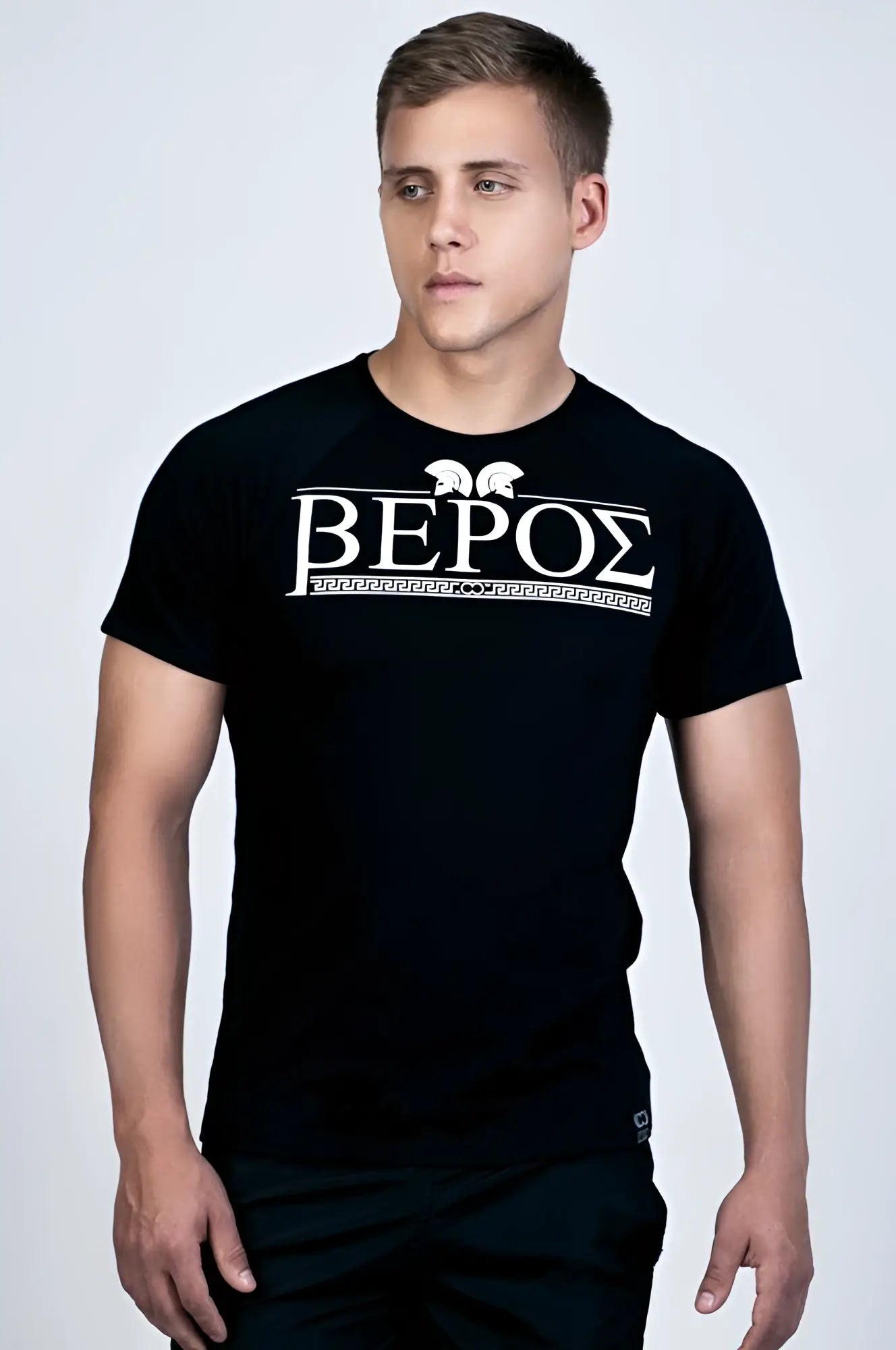 Black short-sleeved 2EROS T20 Olympus t-shirt featuring white greek lettering and decorative design on front