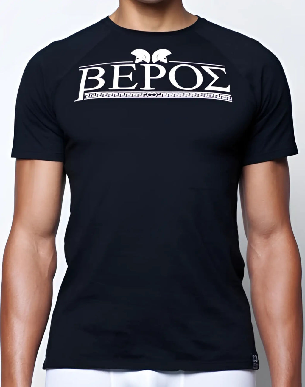 Black 2EROS T20 Olympus short-sleeved t-shirt with white greek lettering helmet icons and ornate border design
