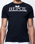 Black 2EROS T20 Olympus short-sleeved t-shirt with white greek lettering helmet icons and ornate border design