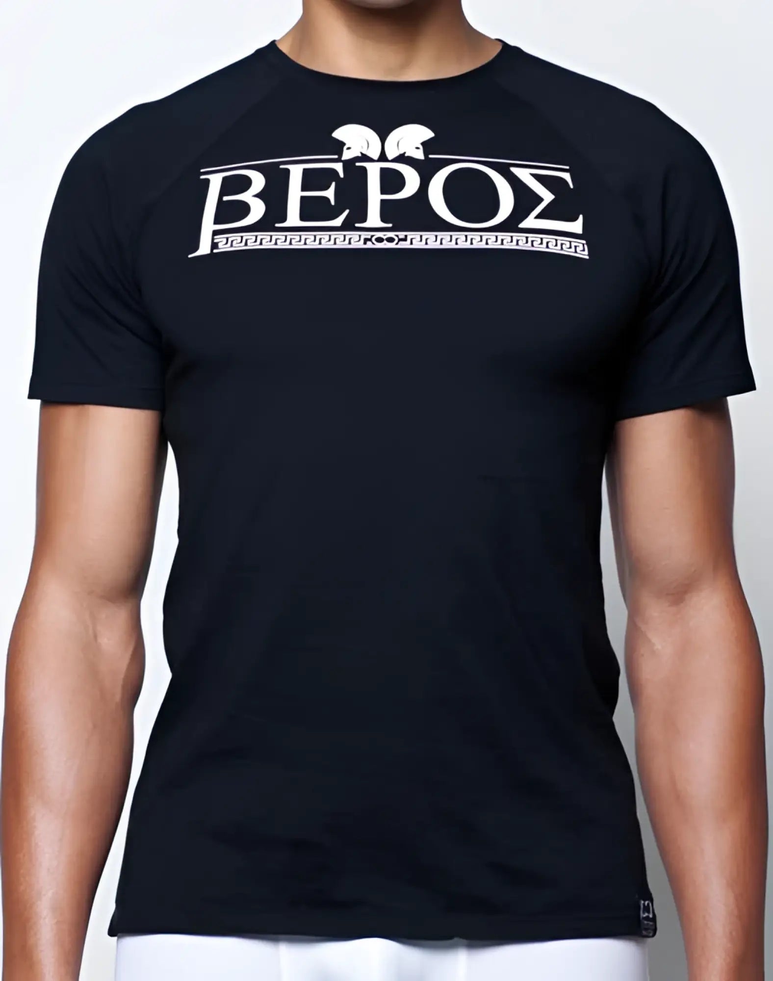 Black 2EROS T20 Olympus short-sleeved t-shirt with white greek lettering helmet icons and ornate border design