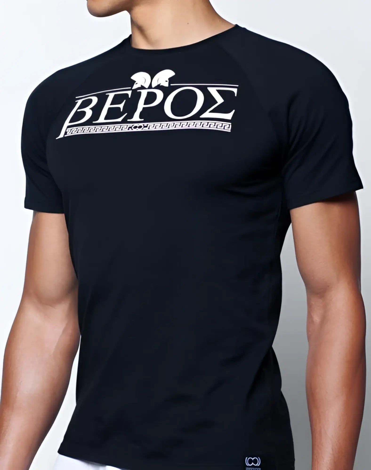 Black short-sleeved cotton 2EROS T20 Olympus t-shirt with white Greek lettering and decorative chest border