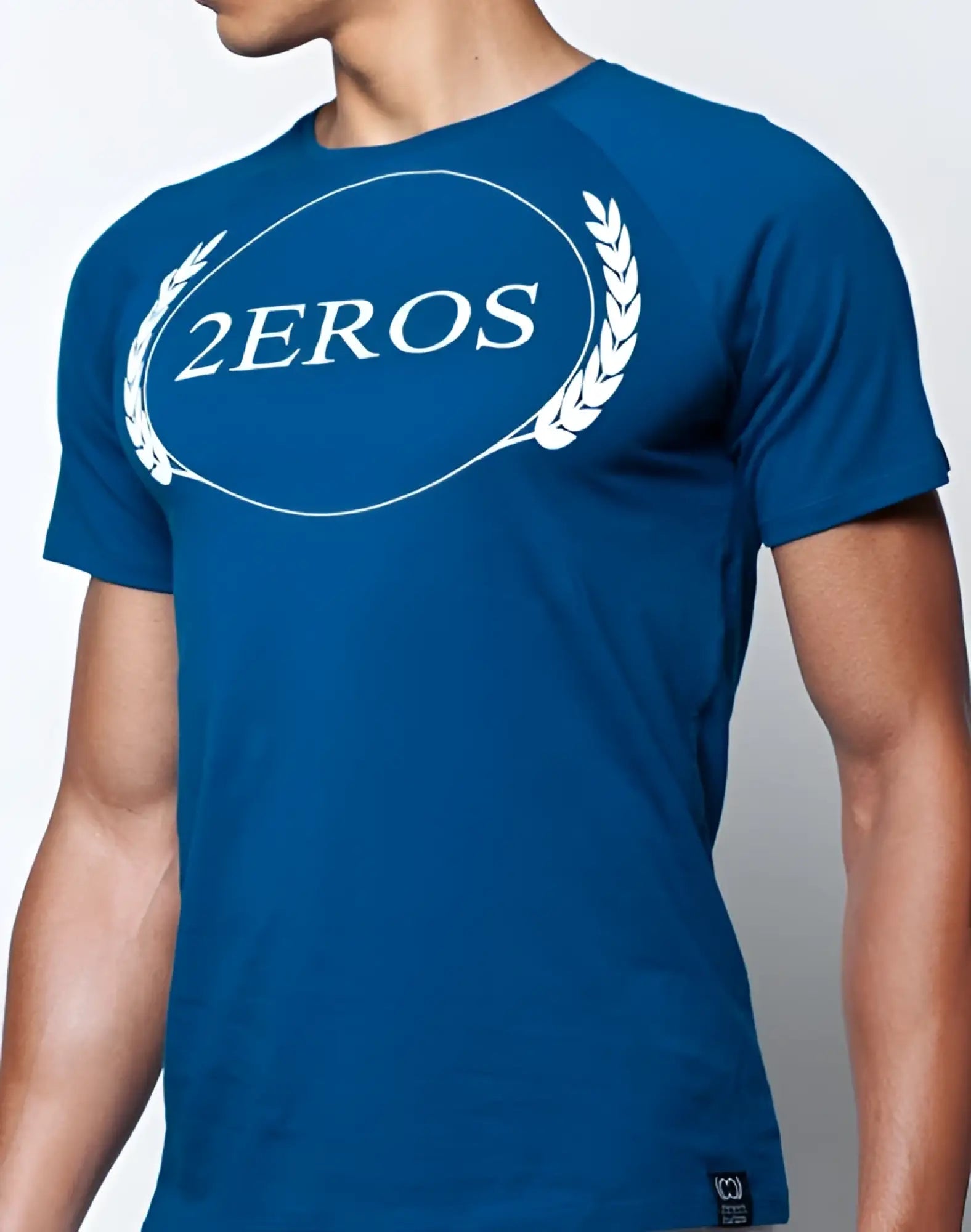 Navy blue cotton 2eros t20 olympus t-shirt with white 2eros logo encircled by laurel wreaths