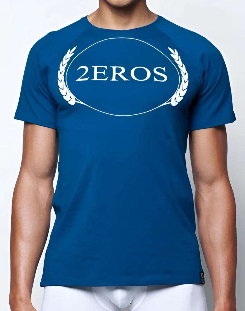 Navy blue 2EROS T20 Olympus t-shirt with white 2eros logo encircled by laurel wreaths on short sleeves