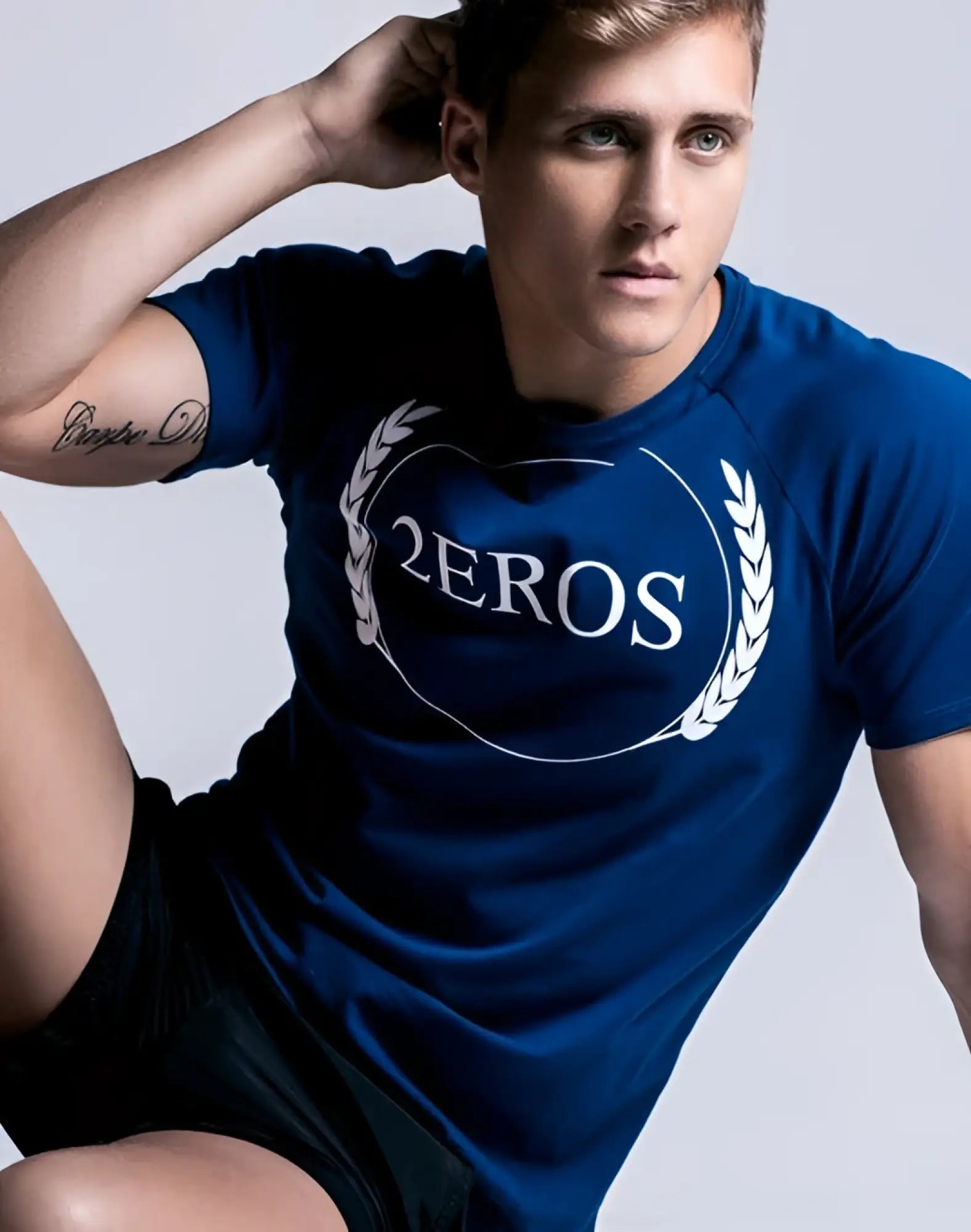 Navy blue 2EROS T20 Olympus short-sleeved t-shirt with white 2eros logo and laurel wreath design on front