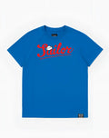 Blue short-sleeved 2EROS T20 sailor t-shirt with red cursive text and white sailor hat graphic in navy cotton