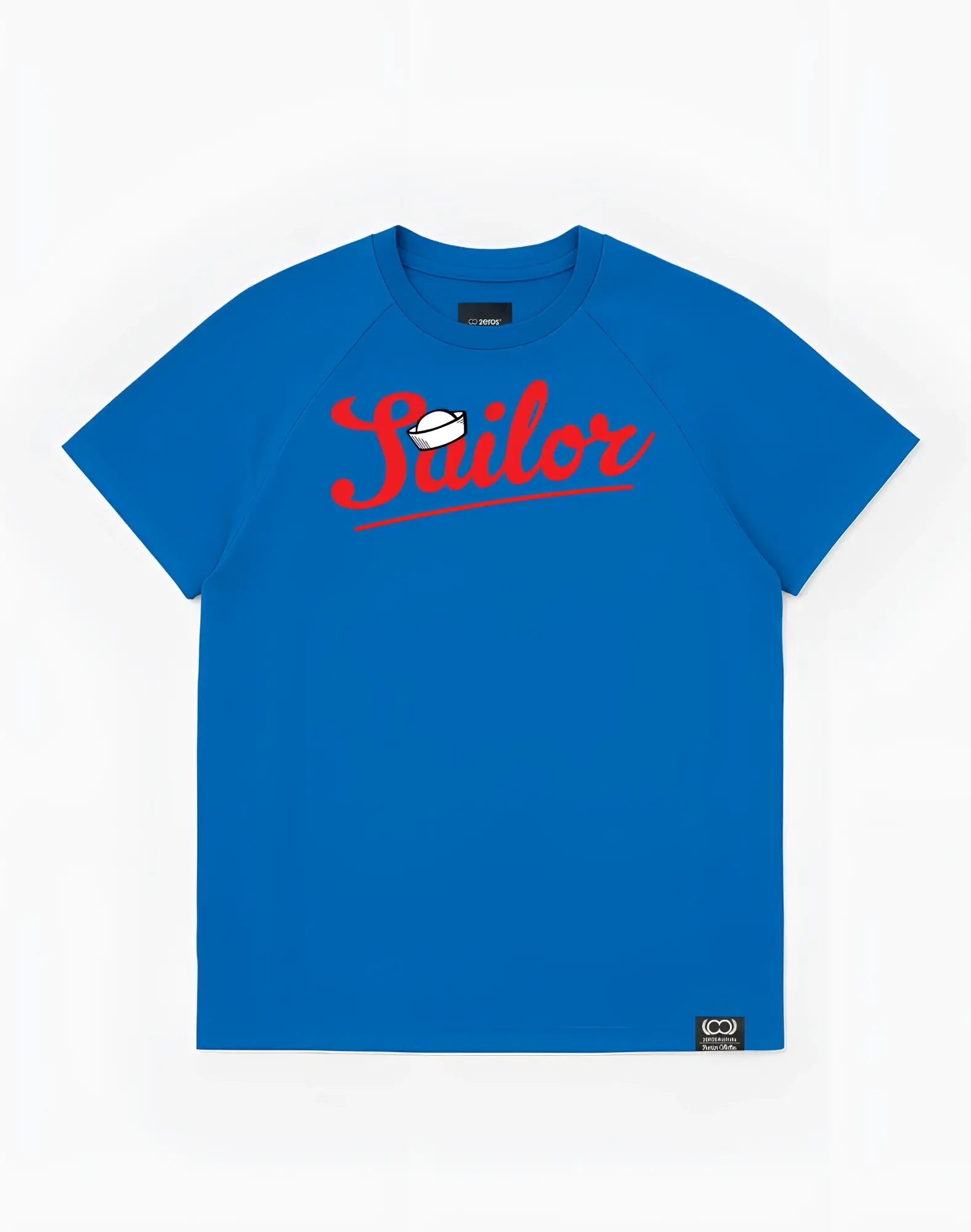 Blue short-sleeved 2EROS T20 sailor t-shirt with red cursive text and white sailor hat graphic in navy cotton