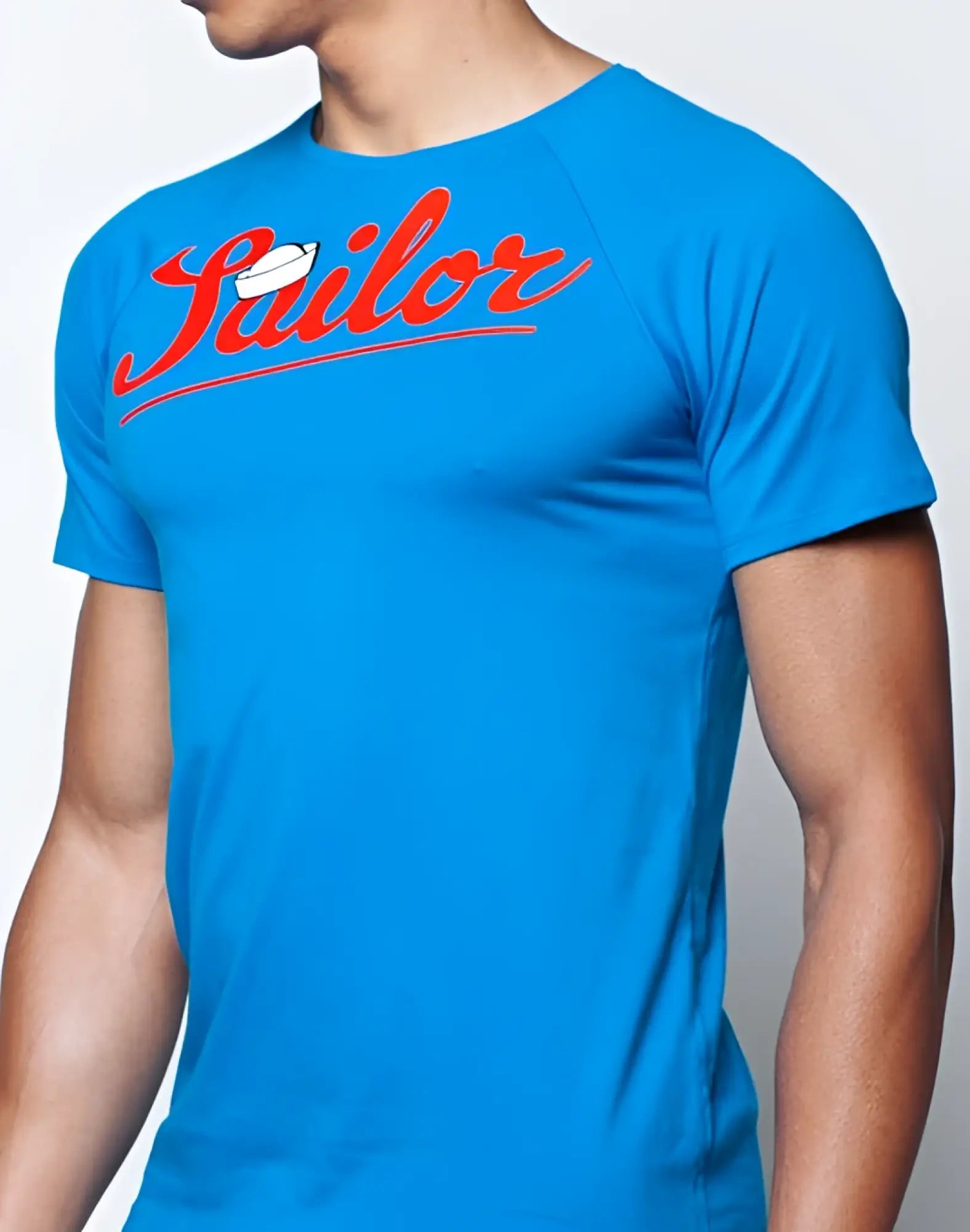 Bright blue cotton 2EROS T20 sailor t-shirt with red cursive text and white sailor hat graphic in navy style