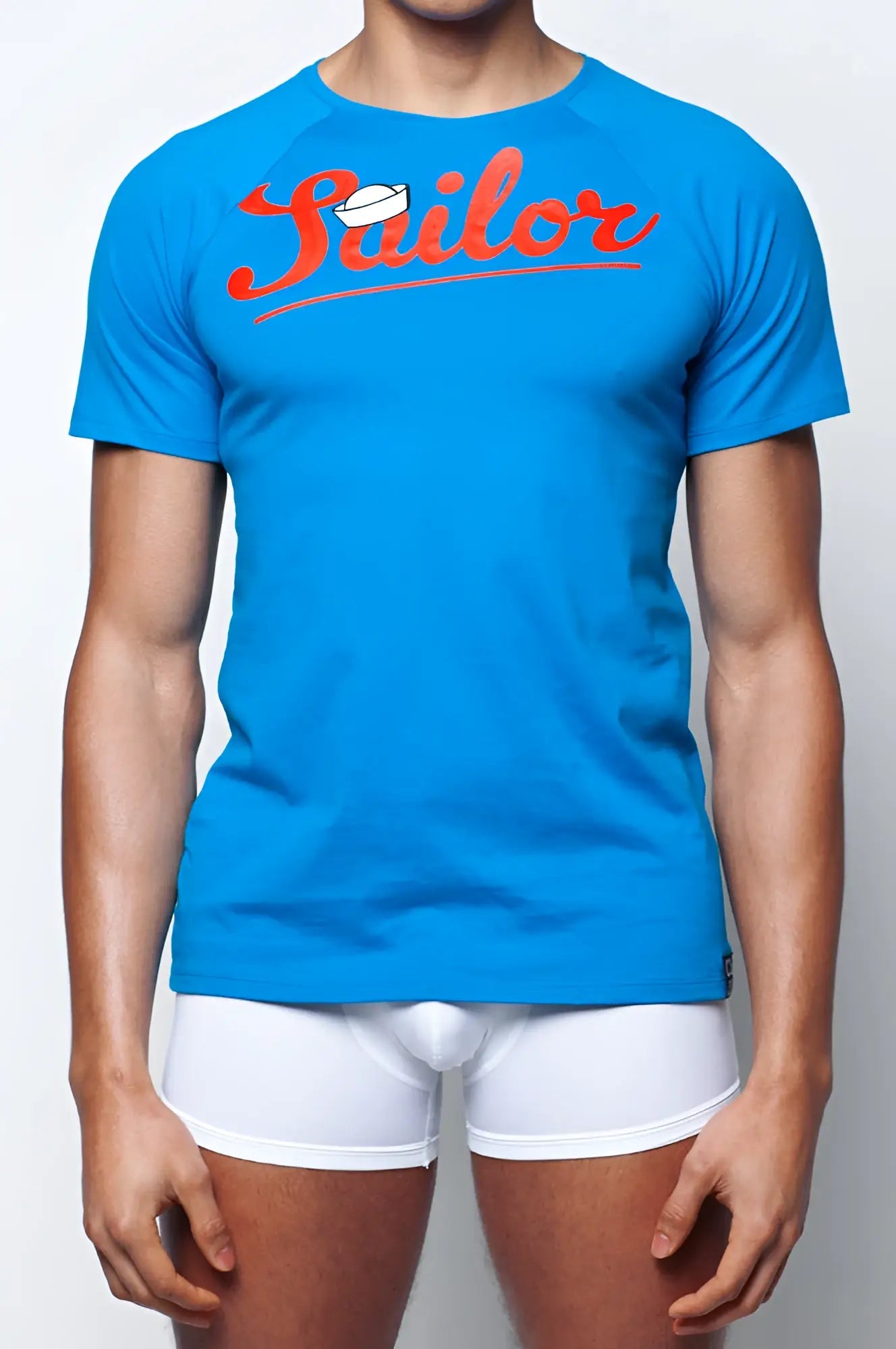 Bright blue 2EROS T20 sailor t-shirt with orange cursive text and white sailor hat icon on front