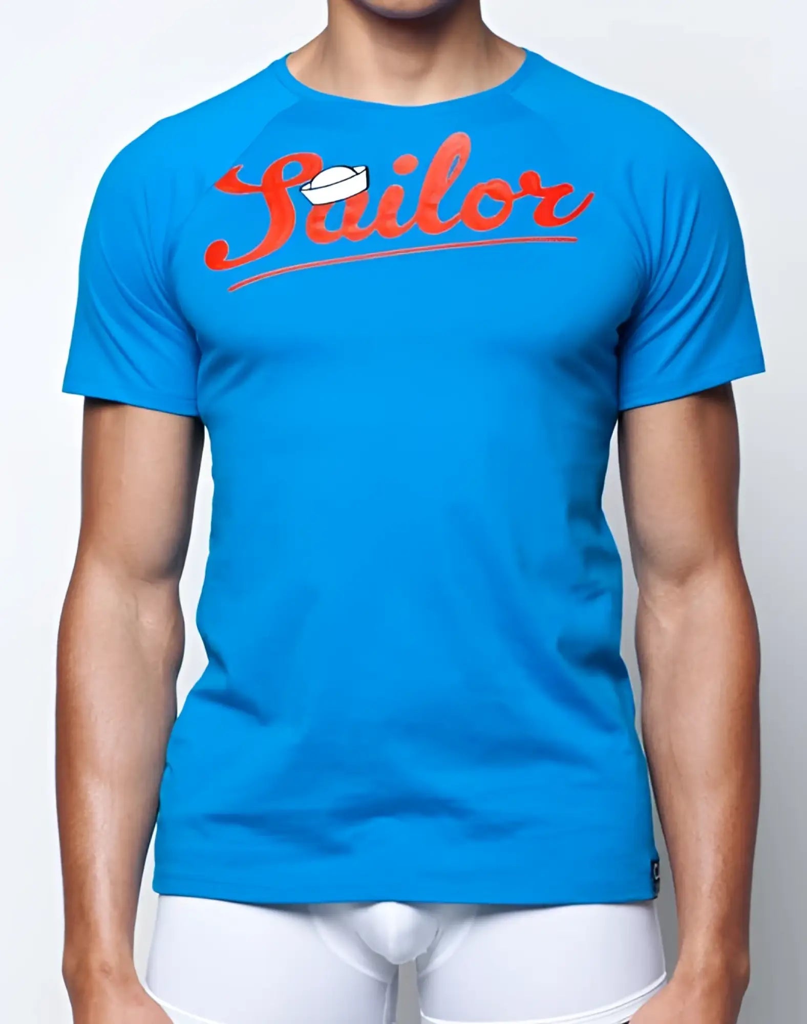 Bright blue 2EROS T20 sailor t-shirt with red cursive print and short sleeves in a comfortable casual style