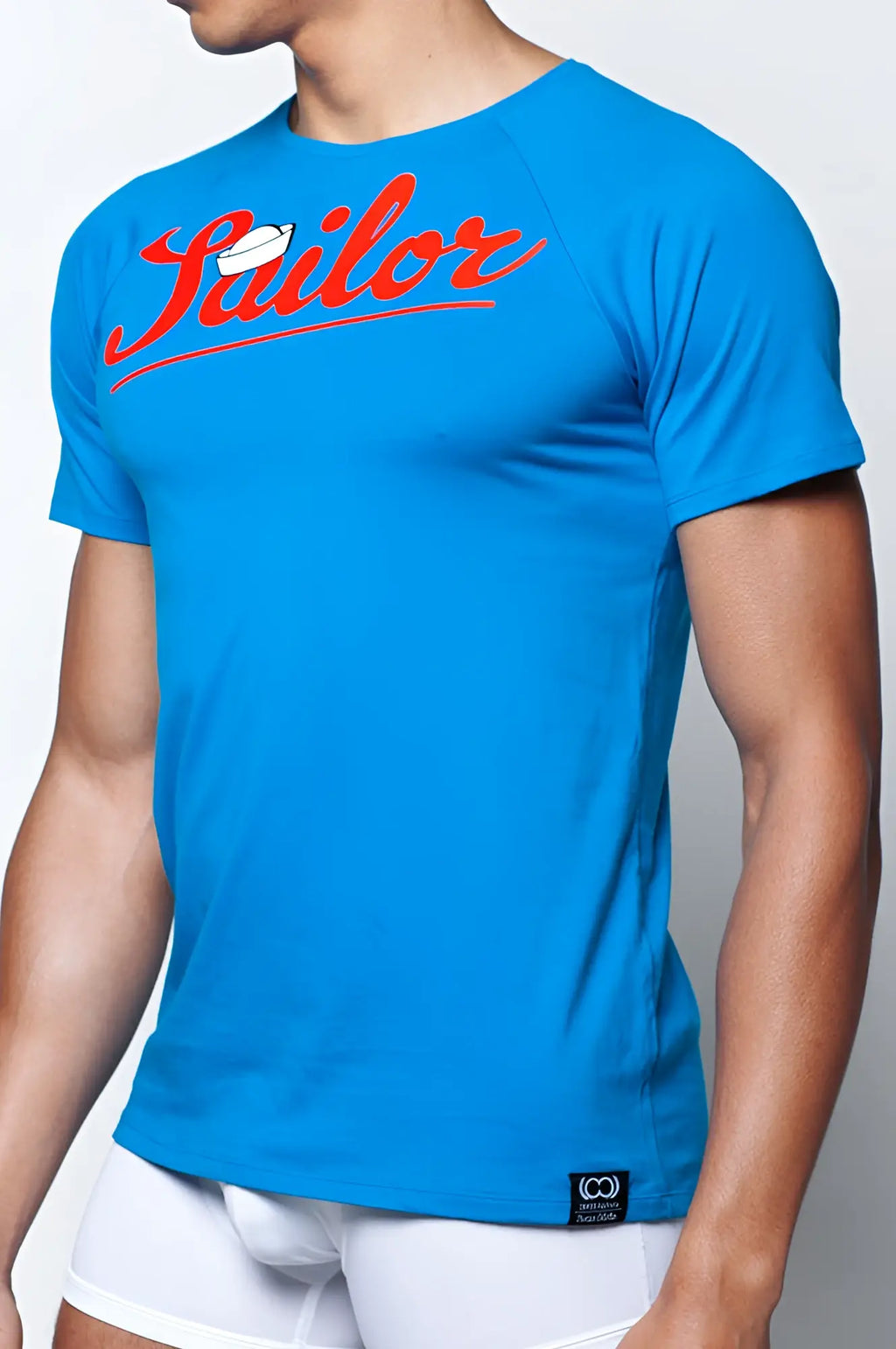 2eros t20 sailor navy short-sleeved t-shirt in bright blue with red cursive lettering and white sailor hat graphic