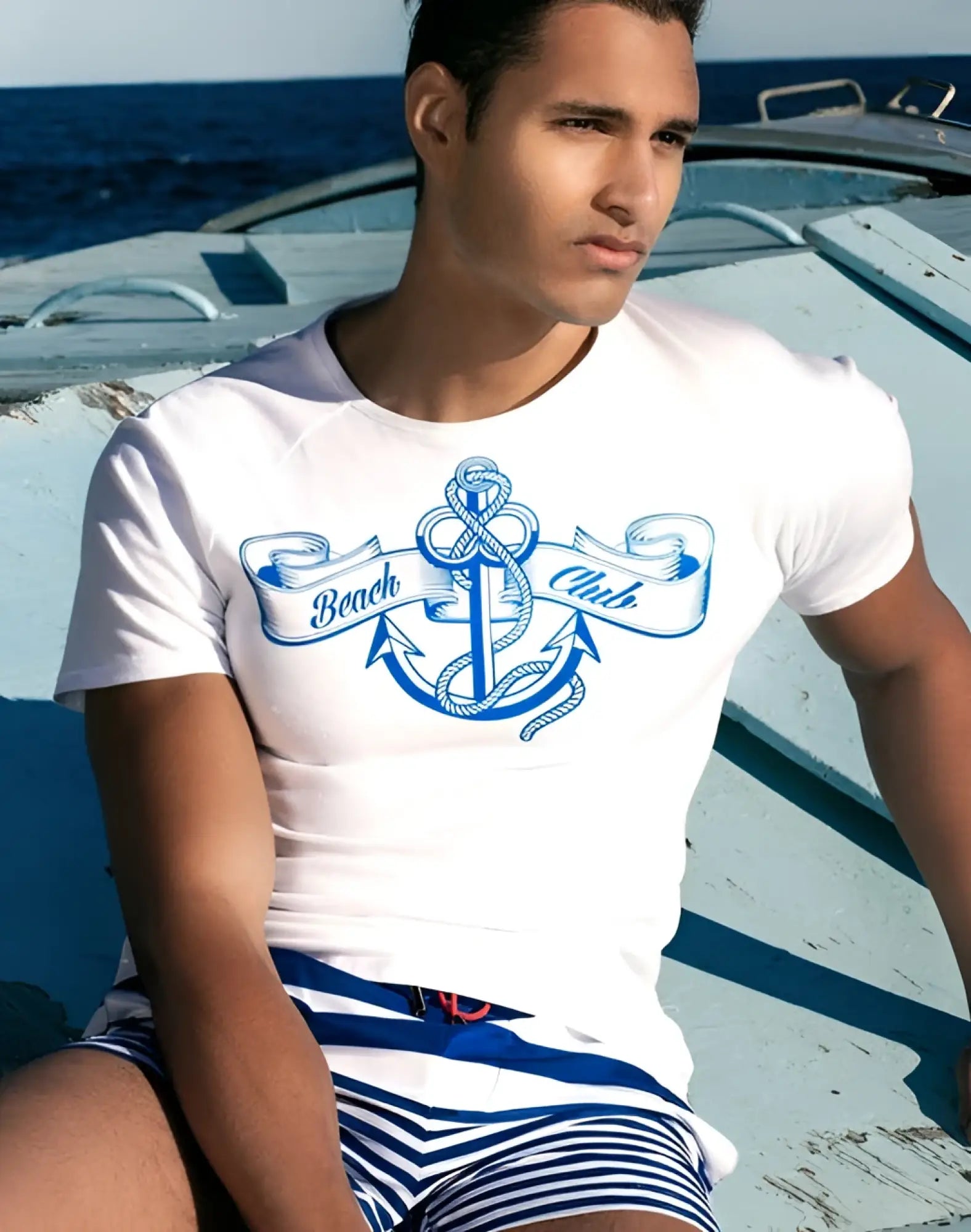 White cotton 2eros t20 sailor t-shirt with a blue anchor and beach club ribbon graphic