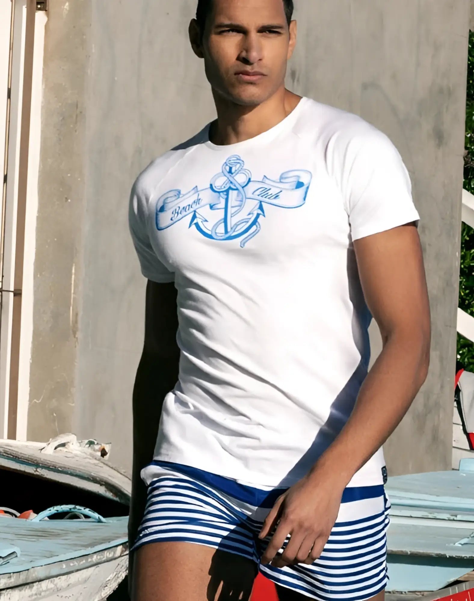 2EROS T20 sailor white cotton t-shirt with blue anchor and beach club ribbon graphic across the chest