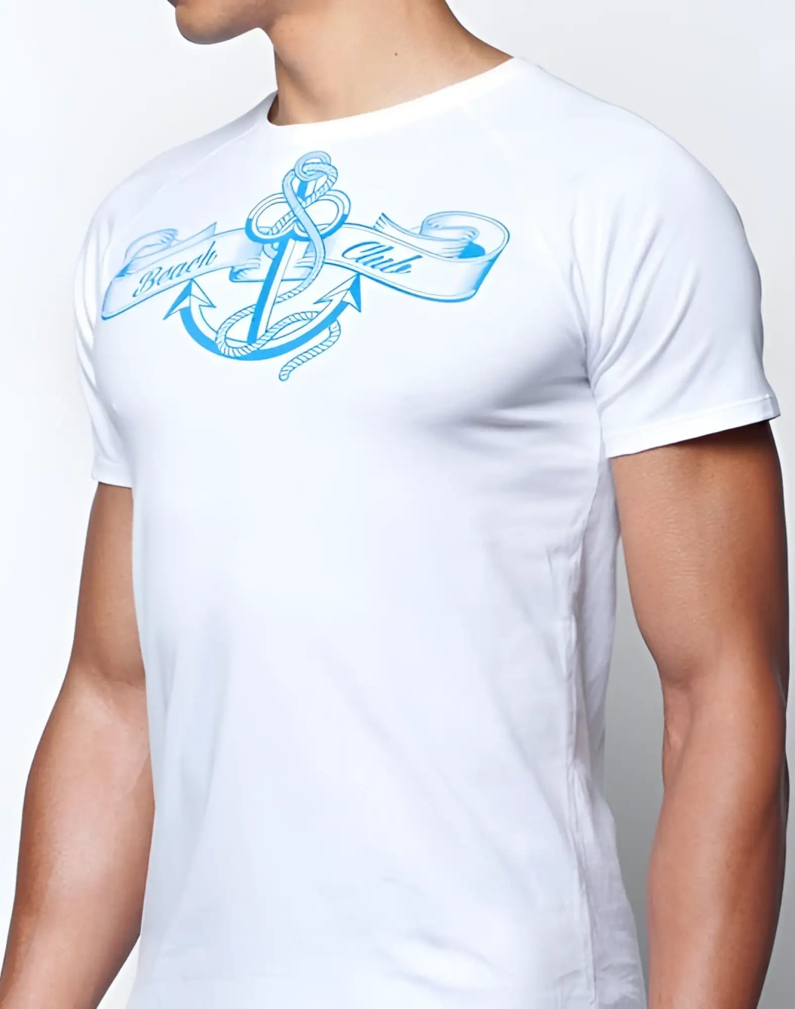 White cotton 2EROS T20 Sailor T-shirt with light blue anchor ribbon and beach club text graphic on front