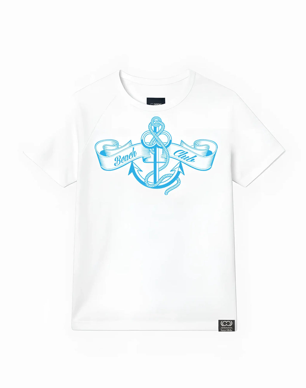 White cotton 2EROS T20 Sailor t-shirt with light blue anchor ribbon graphic and beach club text on front