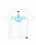 White cotton 2EROS T20 Sailor t-shirt with light blue anchor ribbon graphic and beach club text on front