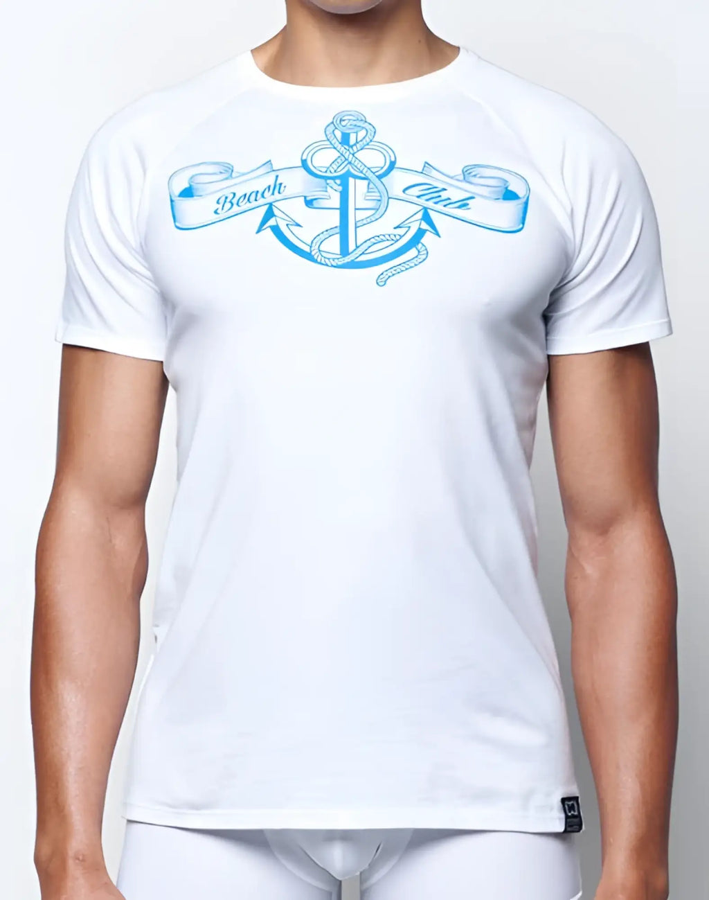 2eros t20 sailor white short-sleeved t-shirt with light blue anchor ribbons and beach club print