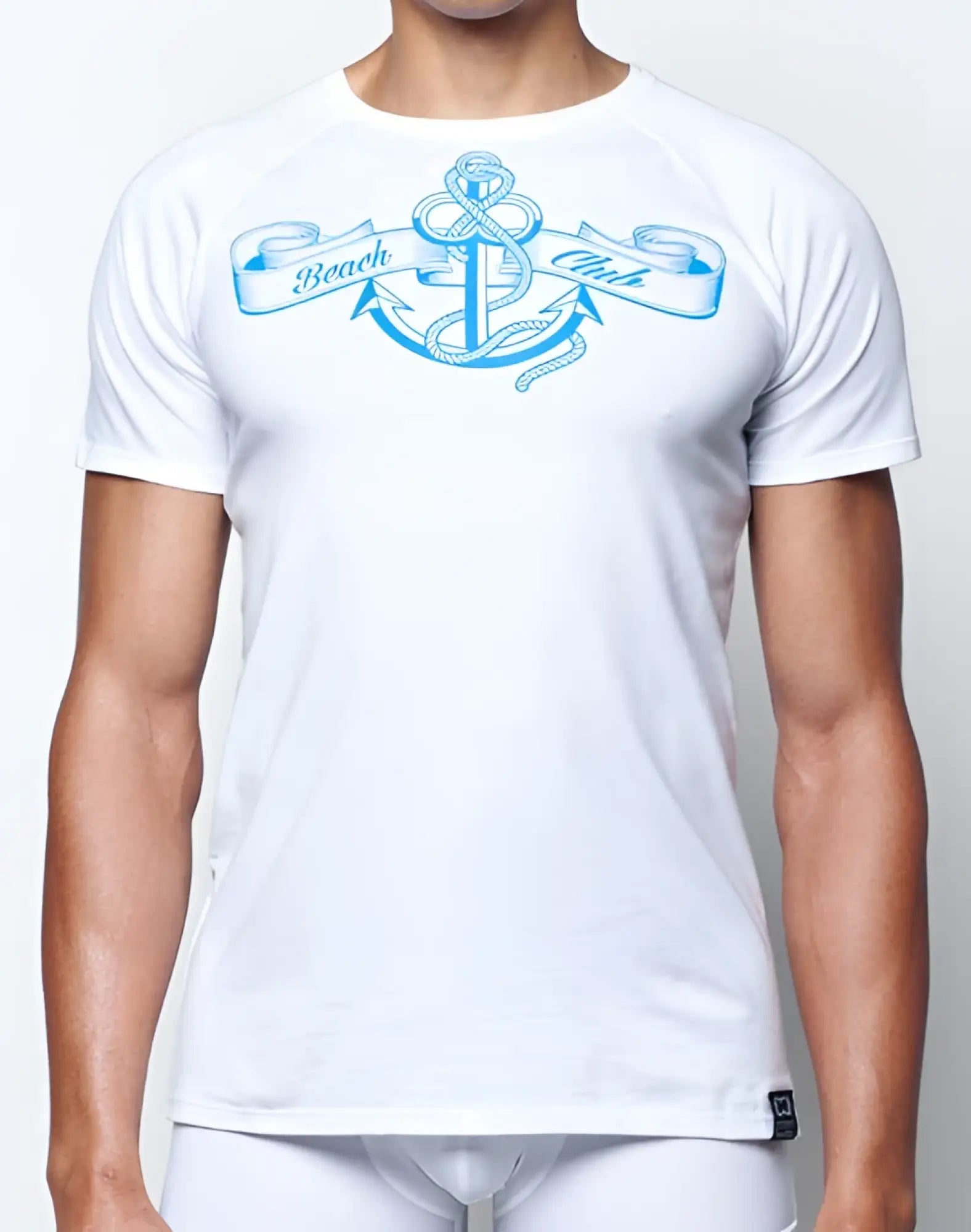 2eros t20 sailor white short-sleeved t-shirt with light blue anchor ribbons and beach club print