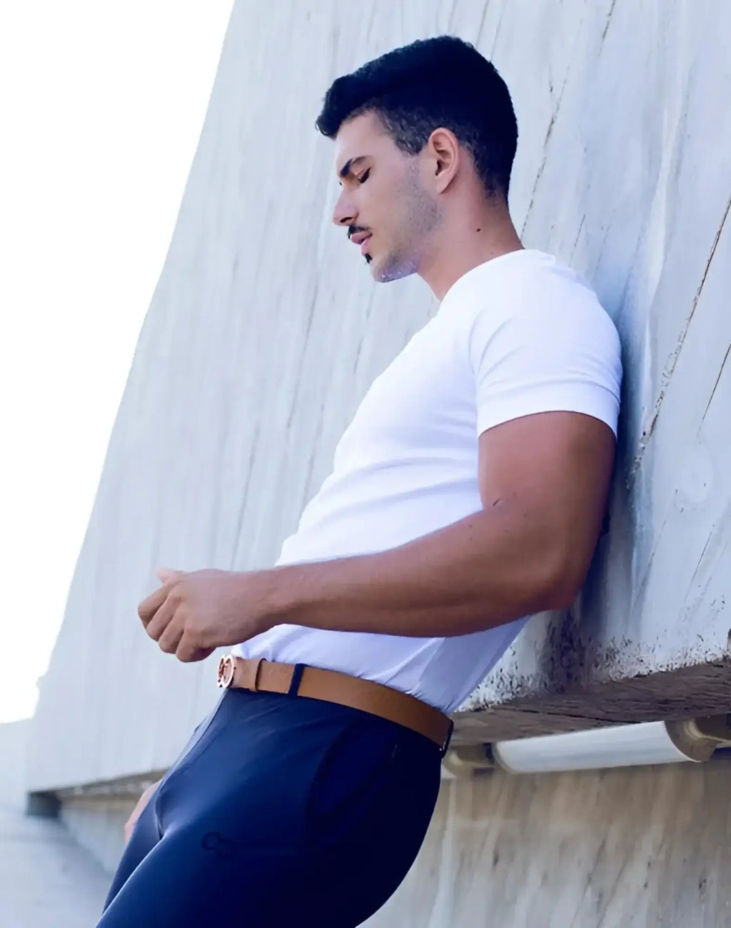 Brown leather belt with gold-toned buckle paired with 2EROS T21 Peruvian cotton white crewneck t-shirt