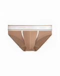 Tan 2EROS Titan brief underwear with a white elastic waistband featuring the brand name yens in gray