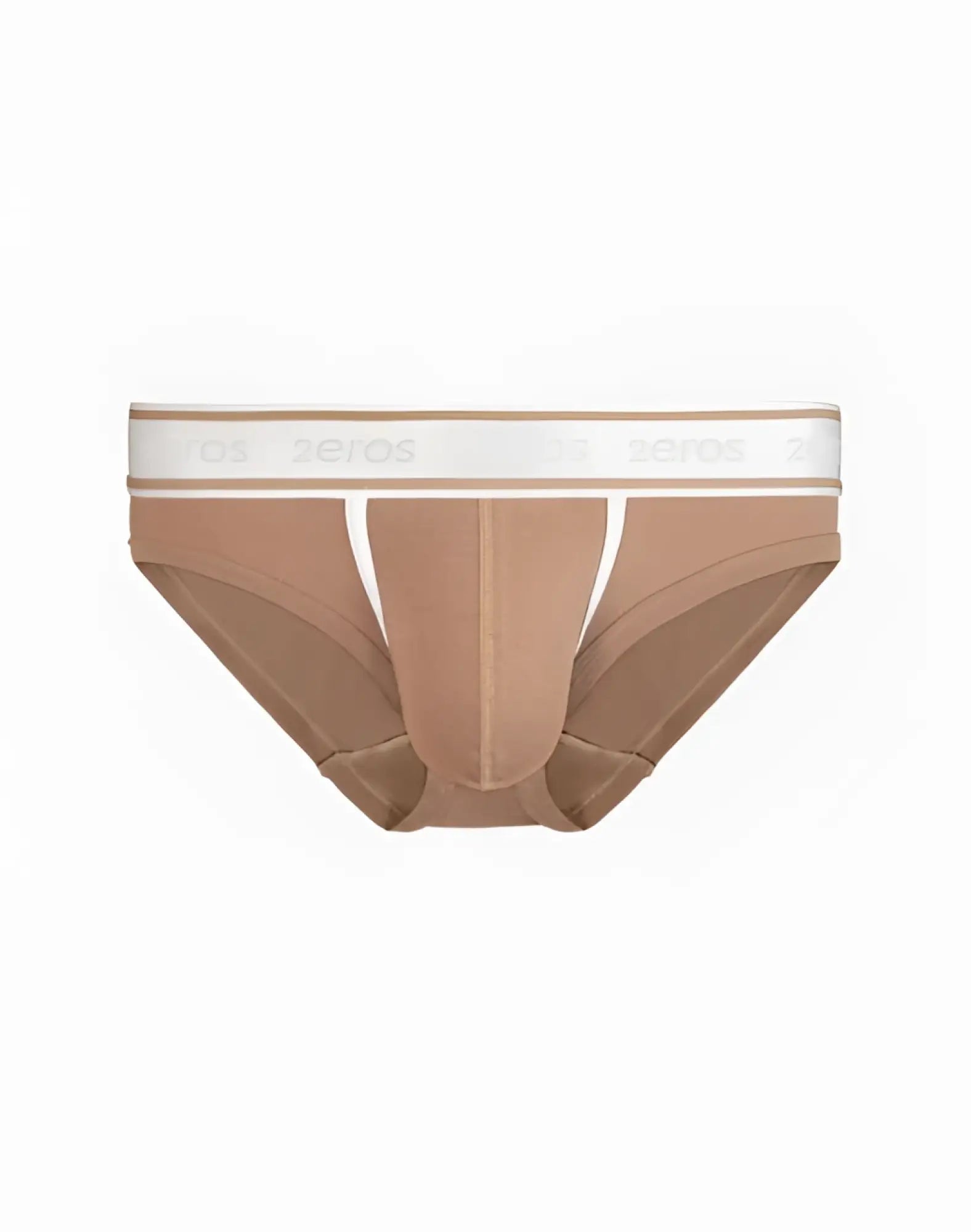 Tan 2EROS Titan brief underwear with a white elastic waistband featuring the brand name yens in gray