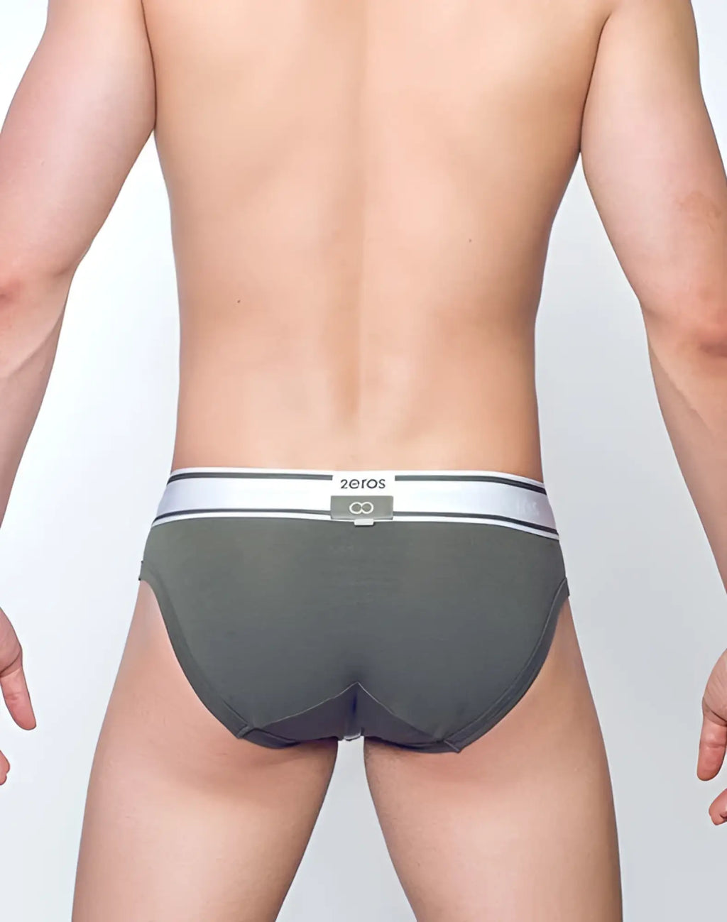 Olive green cotton 2eros titan brief underwear with white elastic waistband featuring zeros logo and infinity symbol