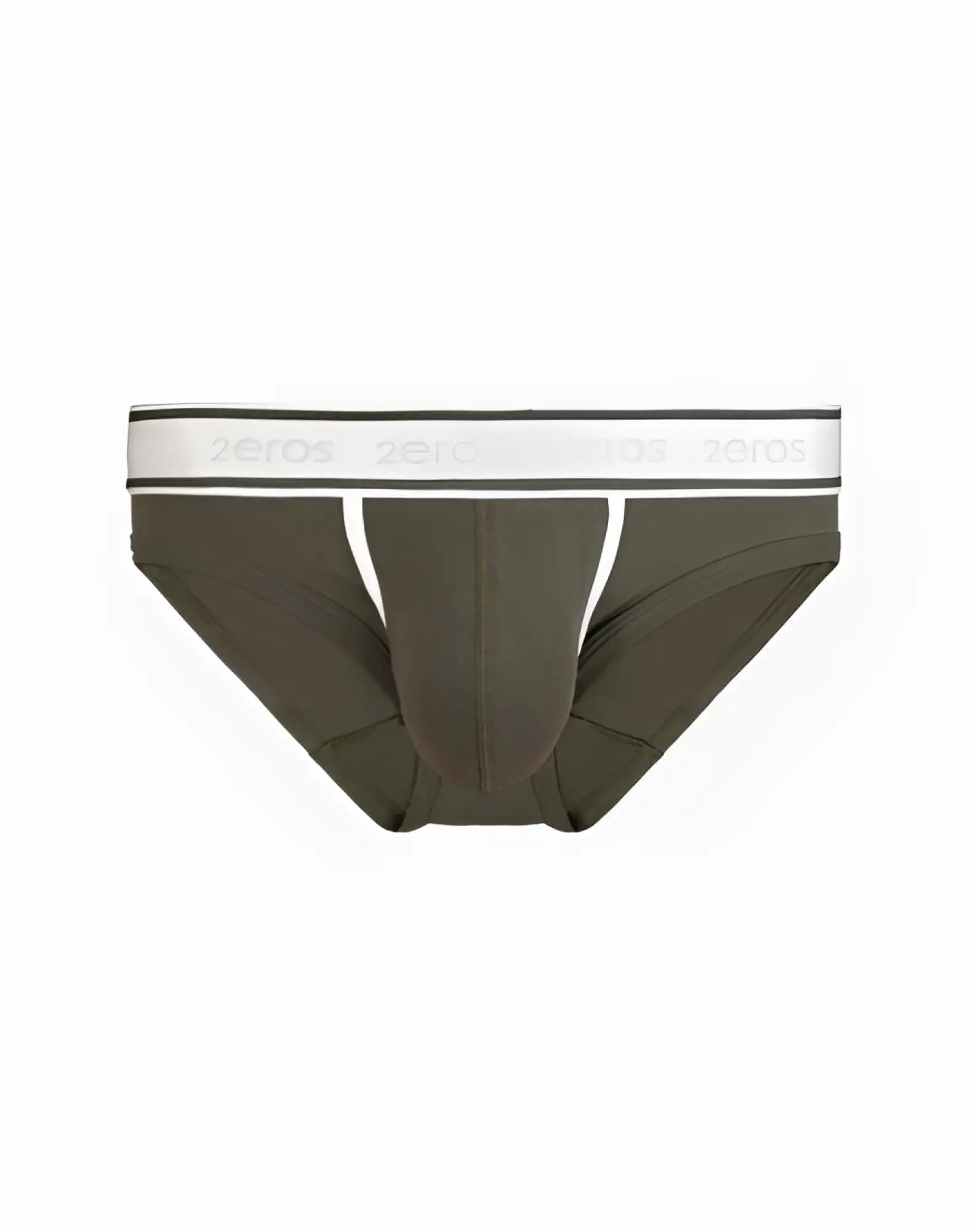Olive green 2eros titan brief underwear with white elastic waistband featuring gray zeros brand name