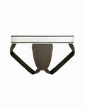 Dark olive green 2EROS Titan athletic briefs with white elastic waistband and black side straps in deep depths green