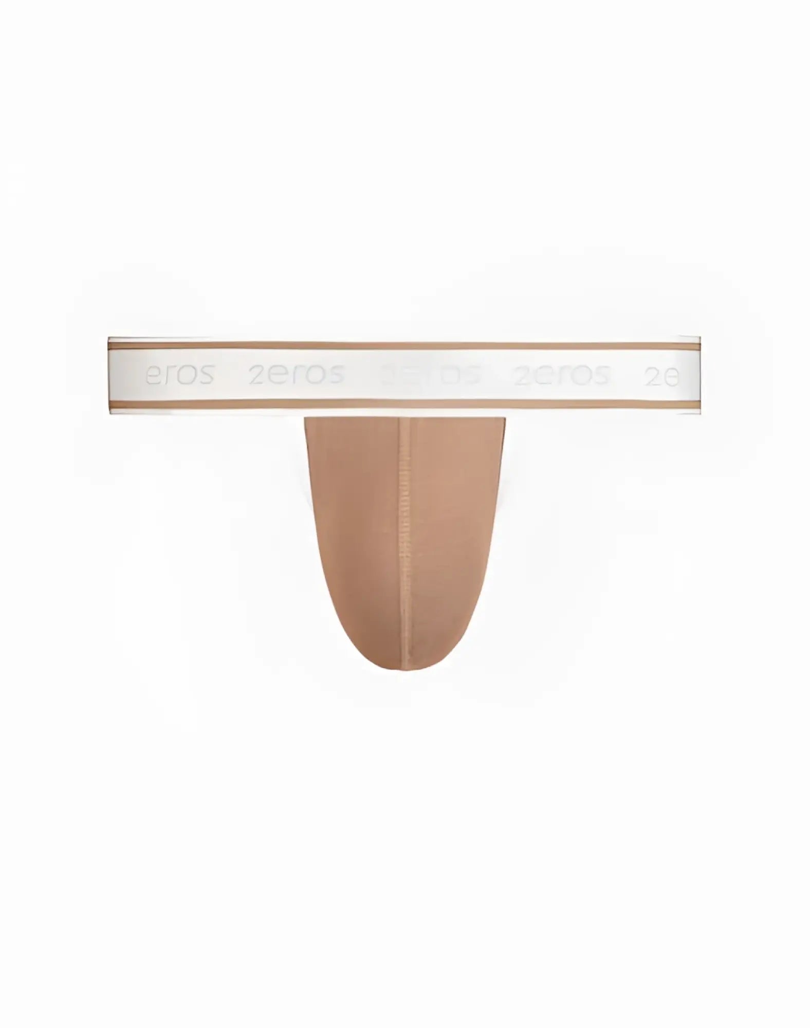 Tan seamless 2EROS Titan thong underwear with white elastic waistband and light gray 18.05 branding in amphora brown