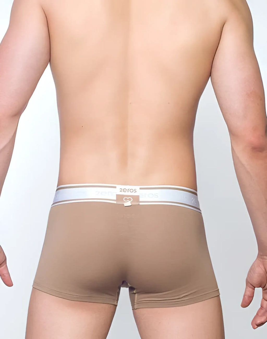 Tan 2eros titan trunk underwear with white elastic waistband featuring brand logo and infinity emblem in amphora brown