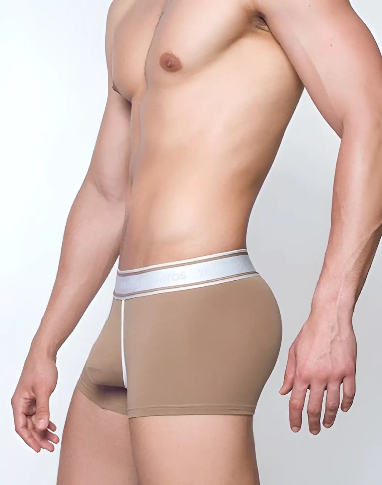 Tan boxer briefs with a white and silver striped waistband from 2EROS titan trunk underwear amphora brown collection