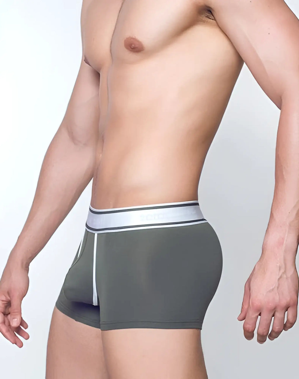 Olive green 2eros titan trunk underwear with white and gray striped waistband designed for comfort and support