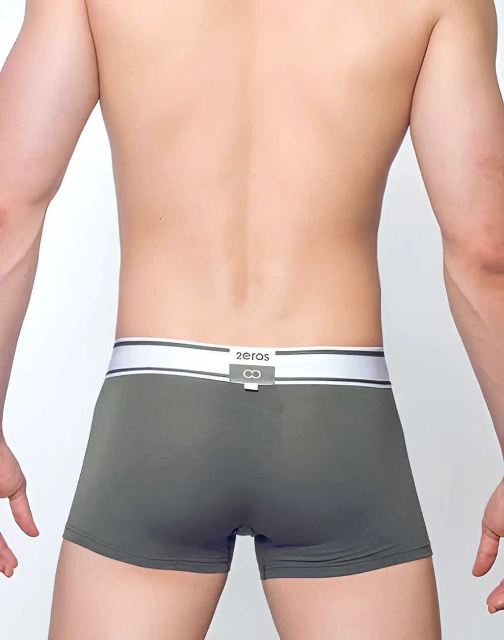 2EROS Titan trunk underwear in olive green with a white and gray striped waistband featuring the zeros logo
