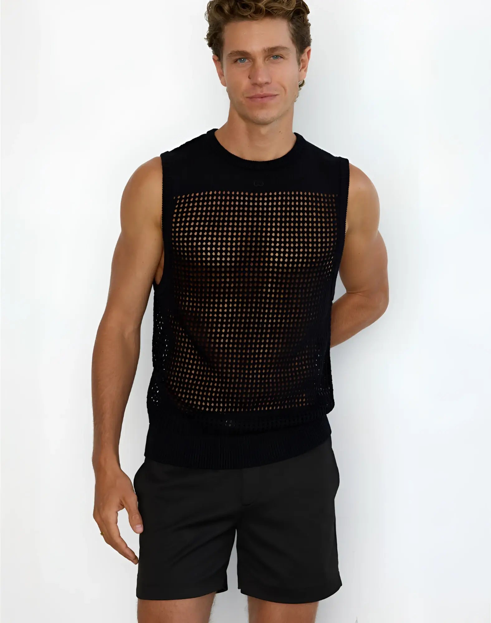Black 2eros trinity shorts featuring a black mesh sleeveless top with solid knit neckline and hem
