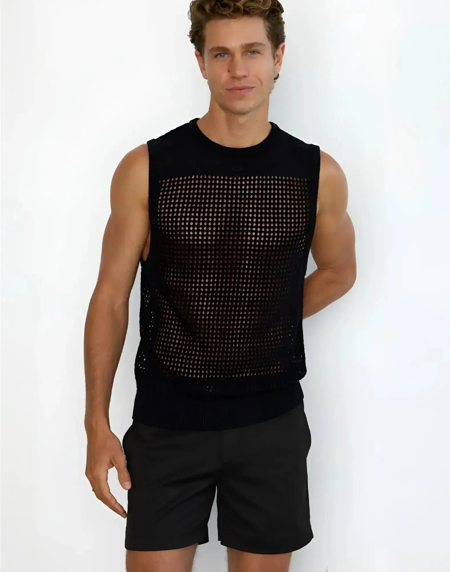 Black 2eros trinity shorts featuring a black mesh sleeveless top with solid knit neckline and hem