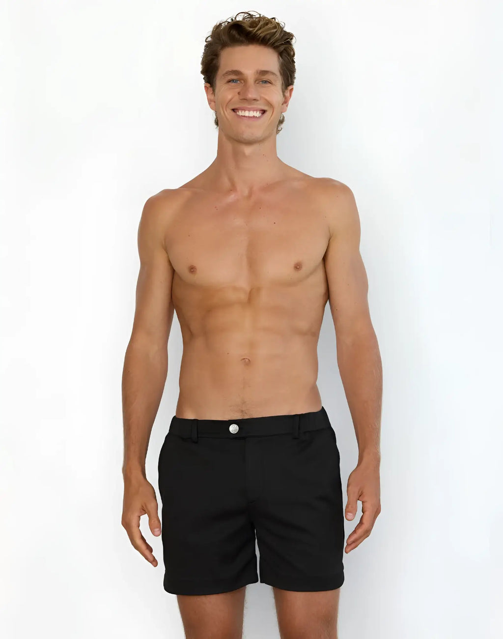 Black tailored 2eros trinity shorts with a single white button at the waistband for a sharp casual look