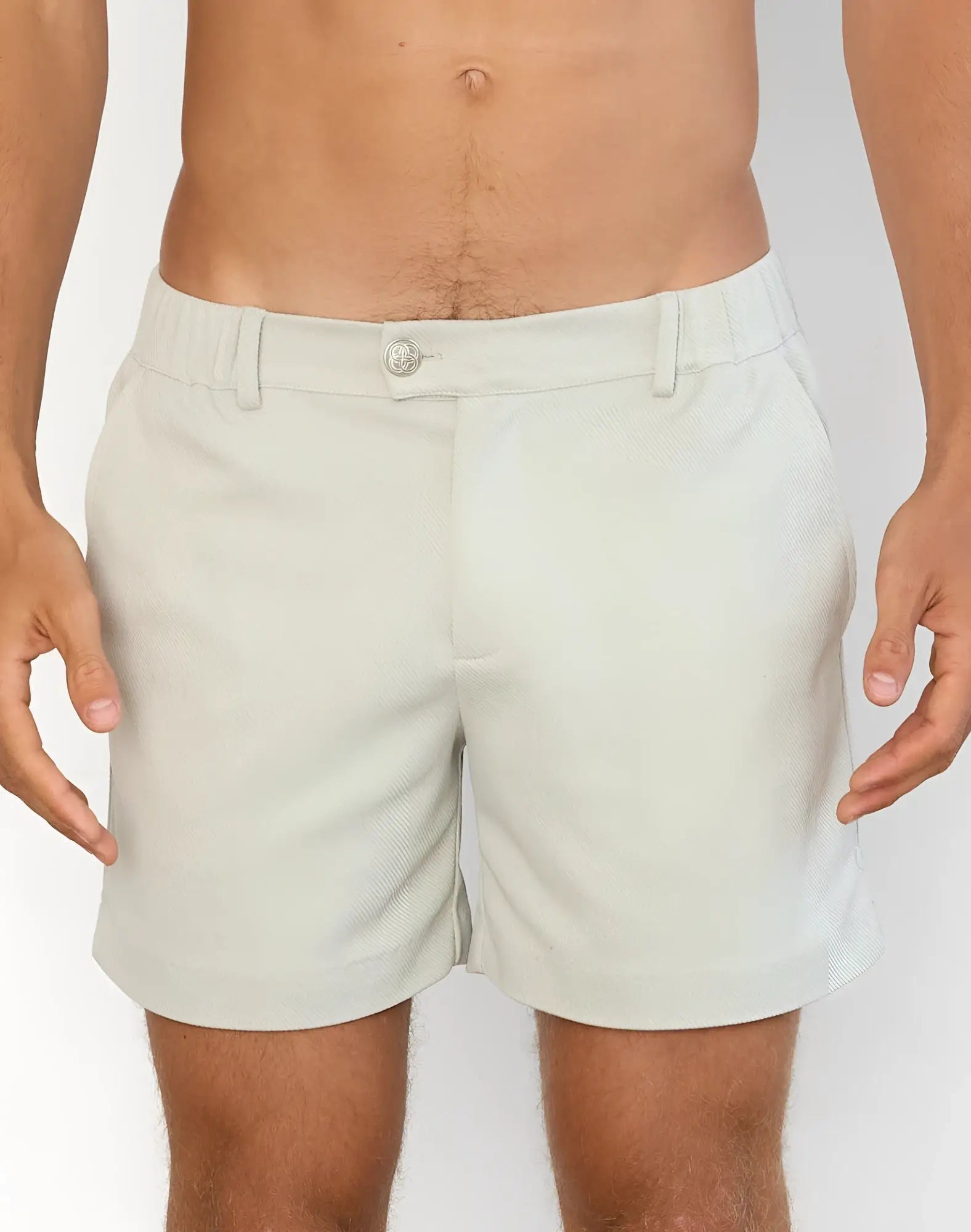 Beige textured cotton 2eros trinity shorts with classic button closure and belt loops in grey color