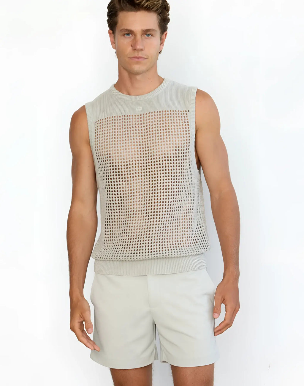 Light gray mesh knit sleeveless top with ribbed hem and neckline paired with 2eros trinity shorts grey