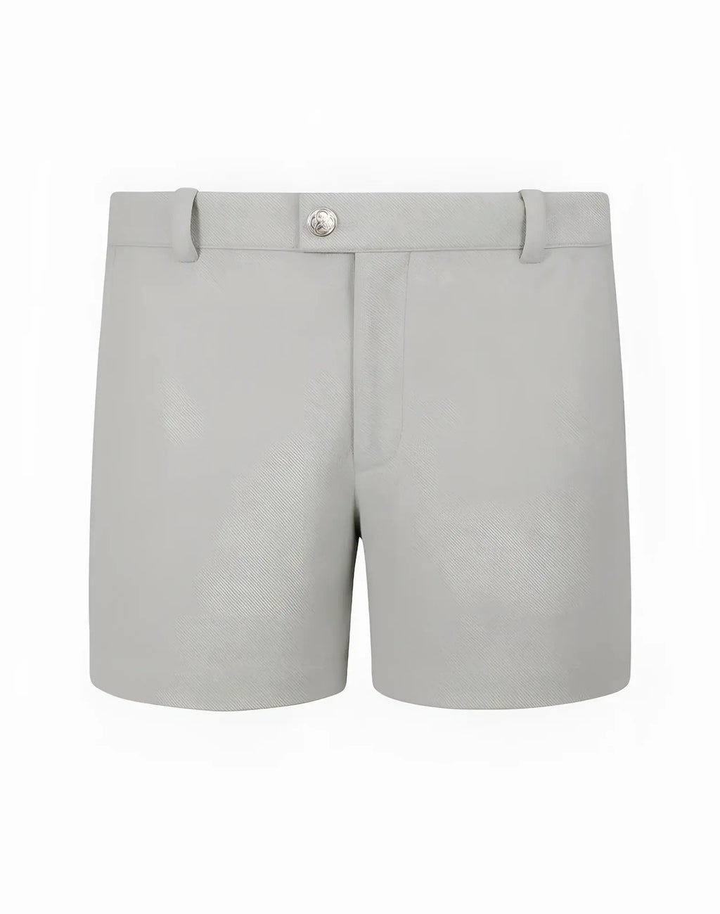 Light gray tailored 2EROS Trinity shorts with silver button closure and belt loops for casual wear