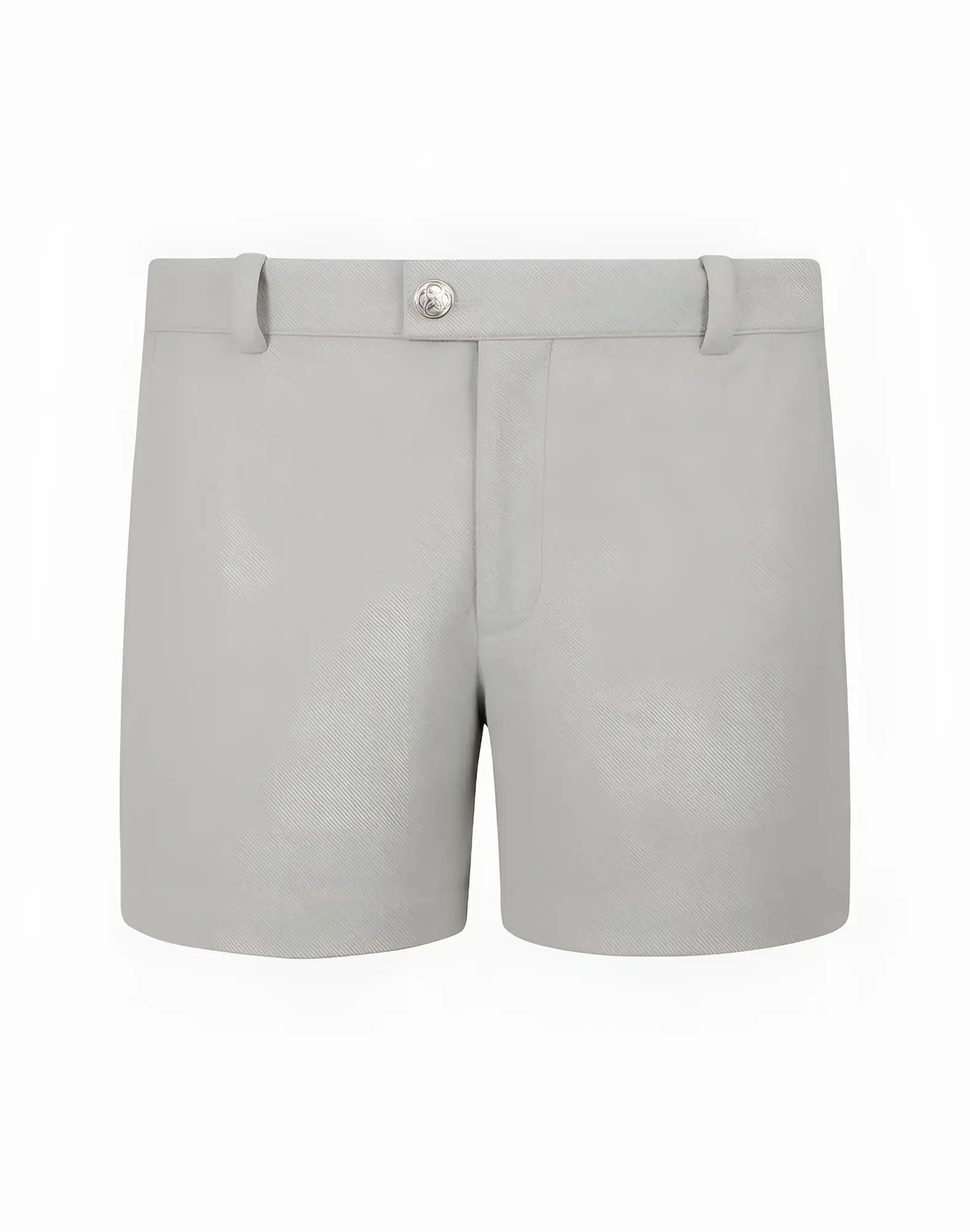 Light gray tailored 2EROS Trinity shorts with silver button closure and belt loops for casual wear