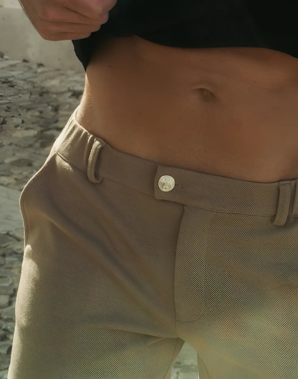 Beige chino trousers taupe 2eros trinity shorts with silver button and belt loop detail in front view