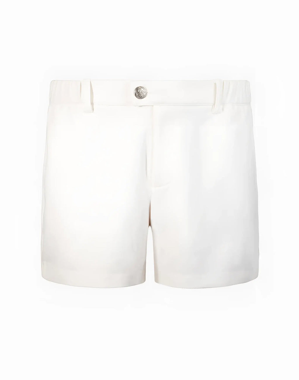 White cotton 2EROS Trinity shorts featuring a silver button at the waistband for casual wear