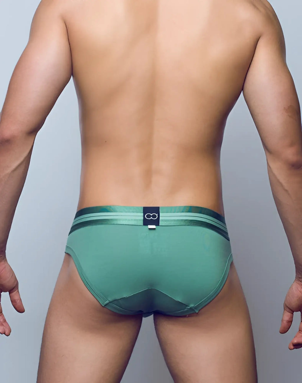 Green 2EROS U20 Athena brief underwear with subtle stripes and black logo tag on waistband in shale green color