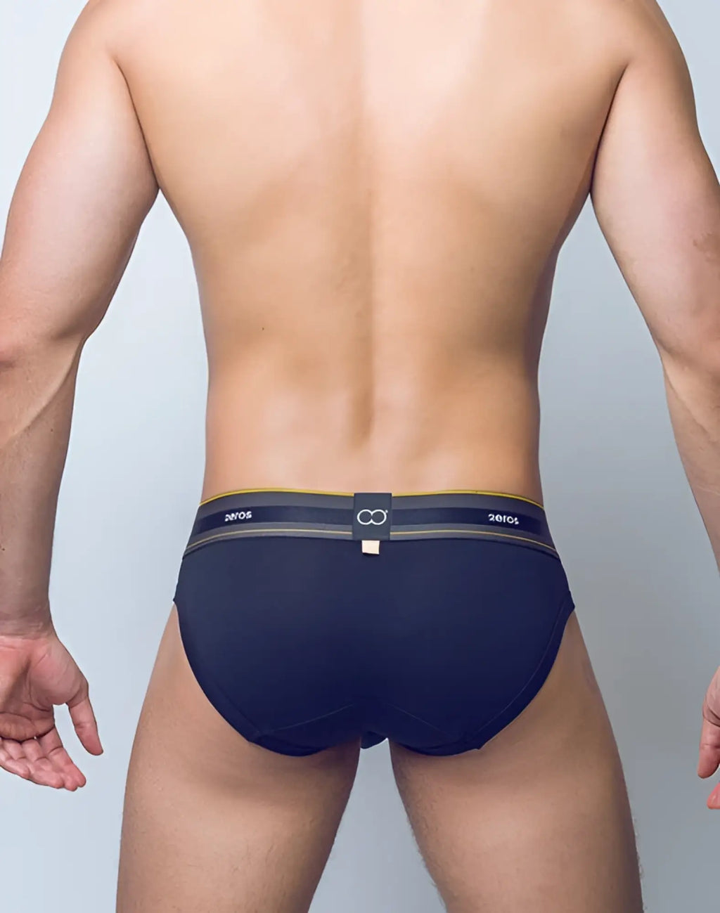 Navy blue 2EROS U21 Adonis brief underwear with yellow gray striped waistband and zeros brand infinity logo