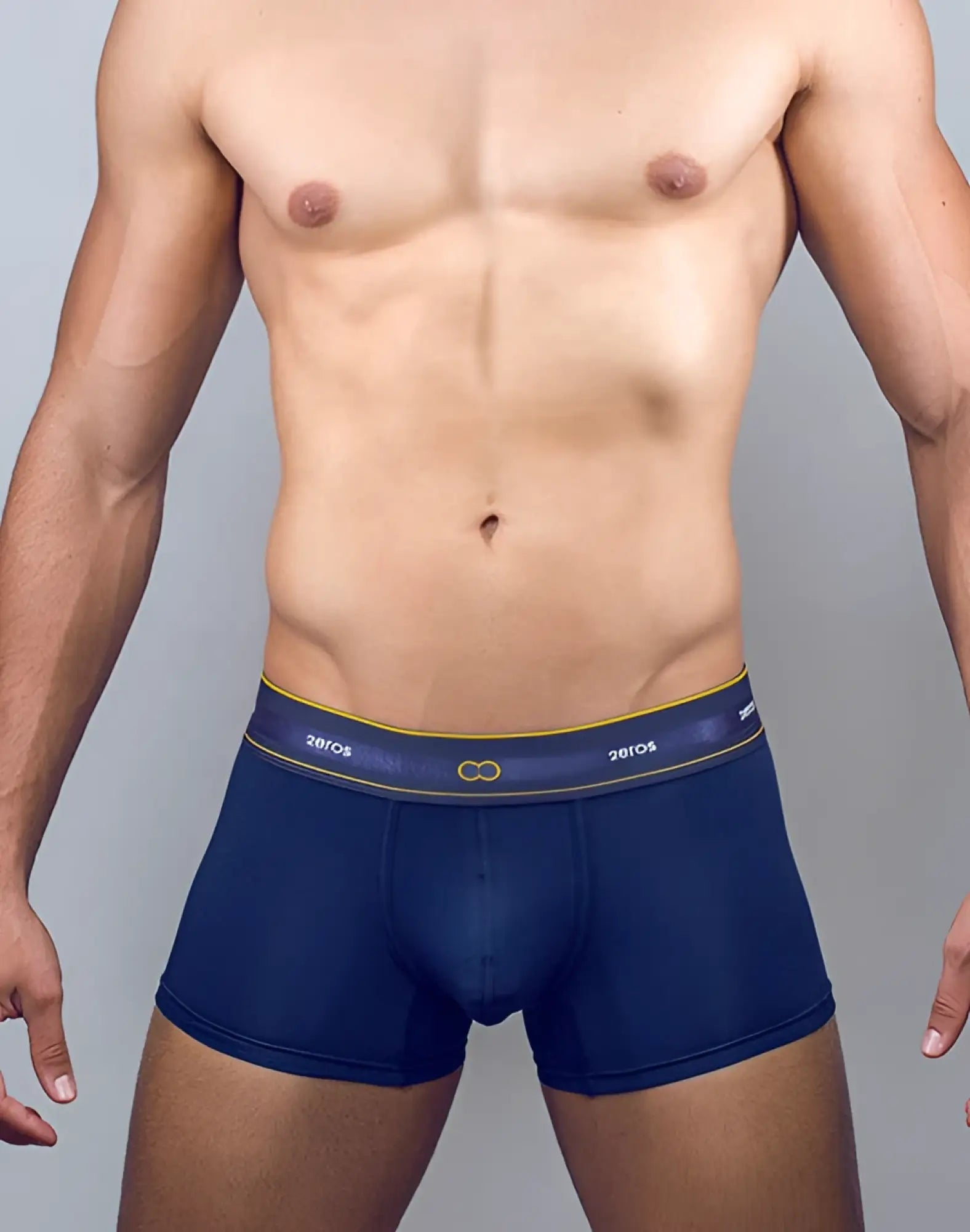Navy 2EROS u31 Adonis trunk underwear with dark blue elastic waistband yellow trim and 2bros brand name in white